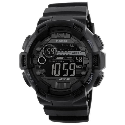 SKMEI Men's Digital Sports Watch for Outdoor Activities - black rugged digital watch with stopwatch, alarm, 50m water resistance, silicone strap