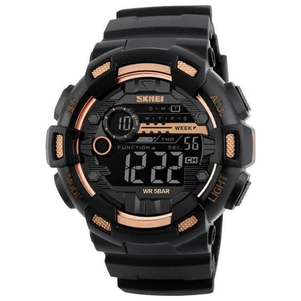 SKMEI Men's Digital Sports Watch for Outdoor Activities black rugged digital watch with rose gold accents, 50m waterproof, timer and alarm