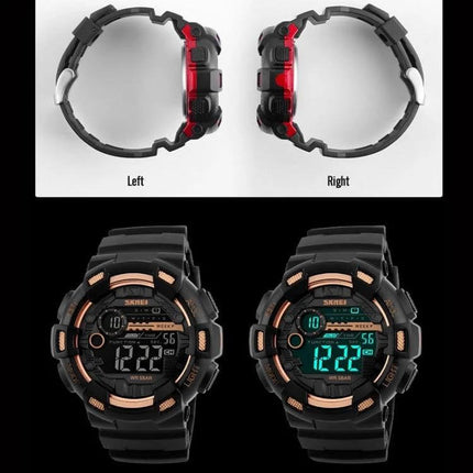 SKMEI Men's Digital Sports Watch for Outdoor Activities showing left/right side profiles and front display with digital time and backlight