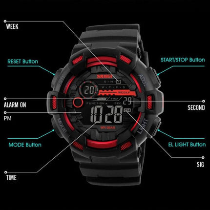 SKMEI Men's Digital Sports Watch for Outdoor Activities showing black red digital face, buttons labeled (mode, reset, start/stop, EL light) and 50m waterproof