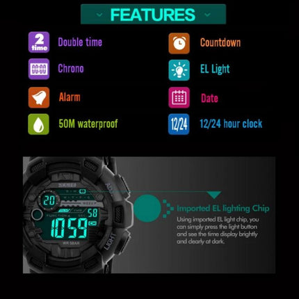 SKMEI Men's Digital Sports Watch for Outdoor Activities showing features: EL light, alarm, chrono, countdown, dual time, date, 50M waterproof (digital display)