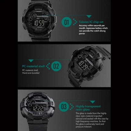 SKMEI Men's Digital Sports Watch for Outdoor Activities - rugged black digital watch face with multiple functions, waterproof and durable for hiking, running, swimming