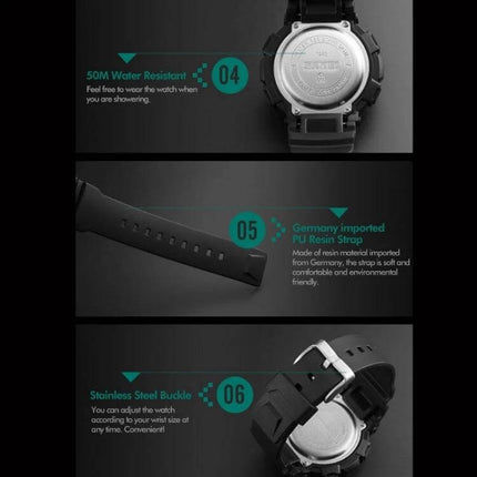 SKMEI Men's Digital Sports Watch for Outdoor Activities showing 50M water resistance, Germany imported PU resin strap, and stainless steel buckle