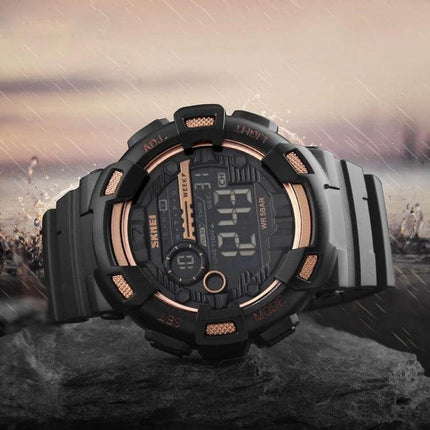 SKMEI Men's Digital Sports Watch for Outdoor Activities - black rugged digital watch with 50m water resistance, stopwatch and alarm features