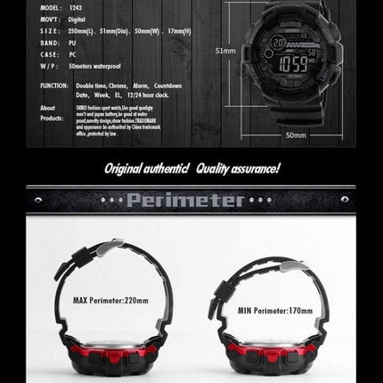 SKMEI Men's Digital Sports Watch for Outdoor Activities black digital display with measurements and 50m waterproof rating, shown front and perimeter views
