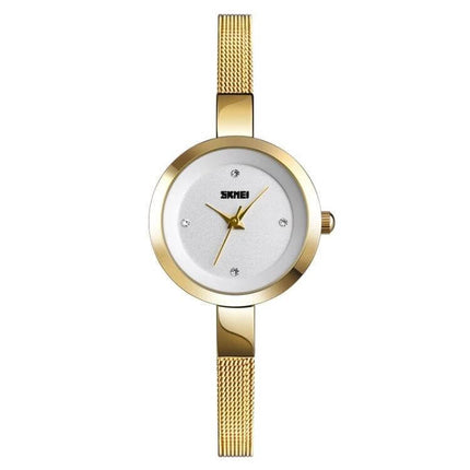 SKMEI Ladies Business Casual Stainless Steel Quartz Watch in Rose Gold slim mesh band, minimalist white dial with crystal markers