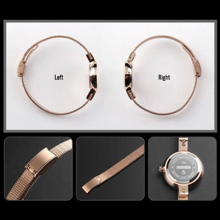 SKMEI Ladies Business Casual Stainless Steel Quartz Watch in Rose Gold showing rose gold mesh band, clasp, case back and left/right views