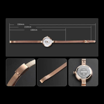 SKMEI Ladies Business Casual Stainless Steel Quartz Watch in Rose Gold slim mesh strap, clasp, back case and dimensions