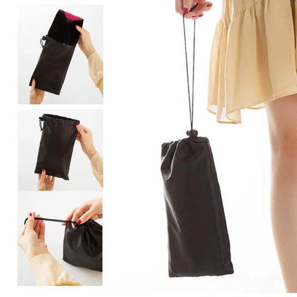 Portable Mini Foot Rest Hammock For Office Chair Black compact carry pouch shown being held and stored