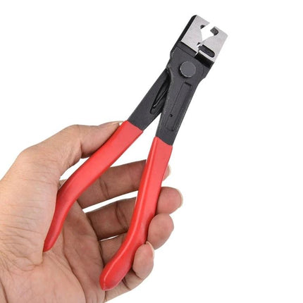 Essential Pliers for Home Car Maintenance and Repairs - red-handled clamp removal pliers held in hand, durable 45# steel tool for tight spaces