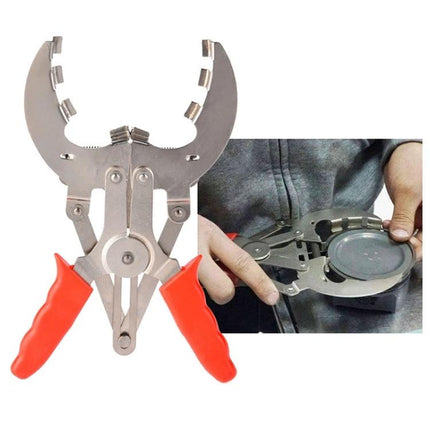 Essential Tool for Everyday Car Piston Ring Maintenance - red-handled piston ring pliers shown installing rings on a piston, durable steel construction