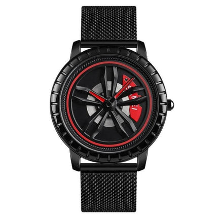 SKMEI Men's Waterproof Quartz Watch for Everyday Style and Comfort - black mesh strap watch with red-accented turbine-style dial