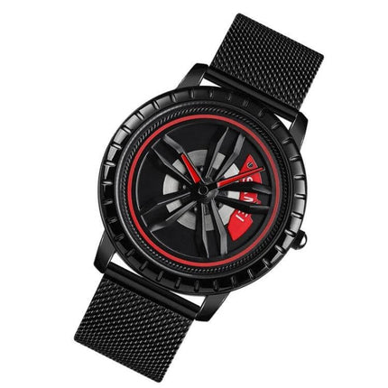 SKMEI Men's Waterproof Quartz Watch for Everyday Style and Comfort - black mesh band watch with red-accented rotor-style dial, waterproof up to 30m