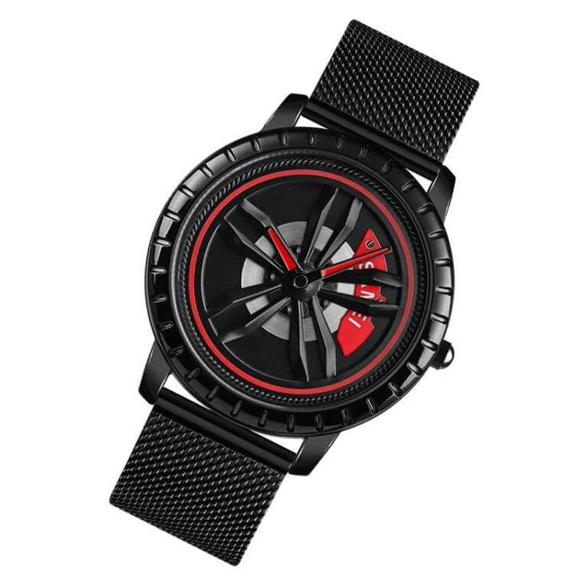 SKMEI Men's Waterproof Quartz Watch for Everyday Style and Comfort - black mesh band watch with red-accented rotor-style dial, waterproof up to 30m