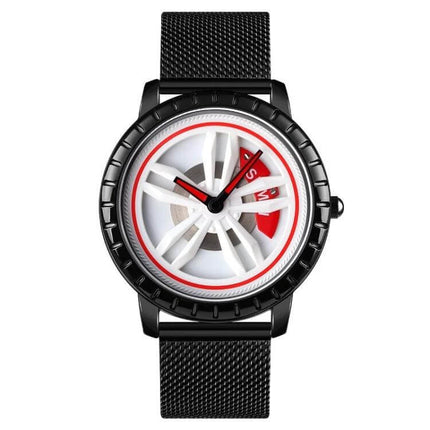 SKMEI Men's Waterproof Quartz Watch for Everyday Style and Comfort - black mesh band, white and red sporty dial, waterproof 30m, casual men's wristwatch
