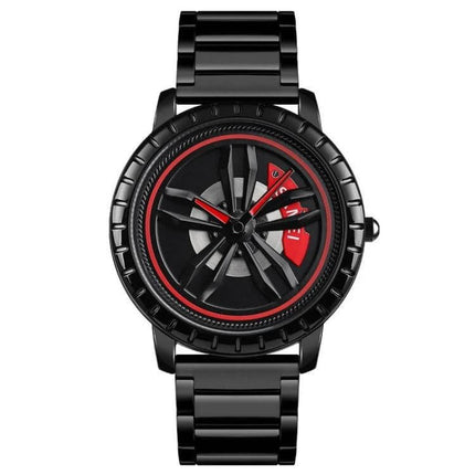 Alt Tag: SKMEI Men's Waterproof Quartz Watch for Everyday Style and Comfort - black stainless steel band, red-accented pointer dial, 30m water resistant