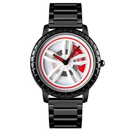 SKMEI Men's Waterproof Quartz Watch for Everyday Style and Comfort - black metal band, sporty red-white dial, waterproof 30m, classic pointer display