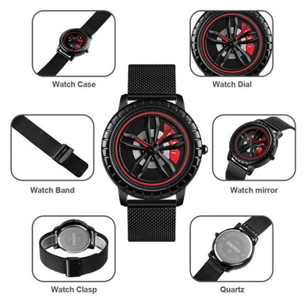 SKMEI Men's Waterproof Quartz Watch for Everyday Style and Comfort - black mesh strap, red-accent dial, water-resistant 30m, quartz movement