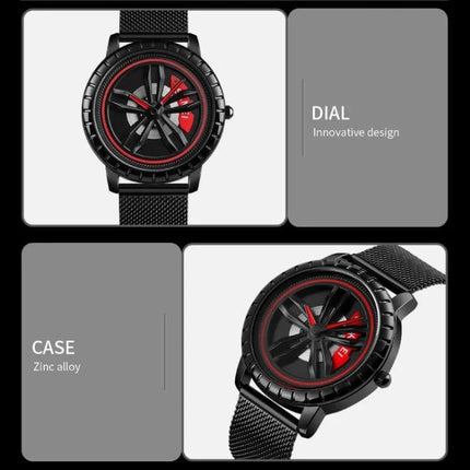 SKMEI Men's Waterproof Quartz Watch for Everyday Style and Comfort — black mesh band watch with red-accented wheel-style dial, zinc alloy case, waterproof design