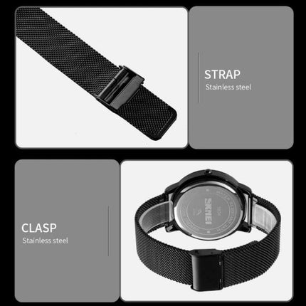 SKMEI Men's Waterproof Quartz Watch for Everyday Style and Comfort with black stainless steel mesh strap and clasp, shown from back and detail views