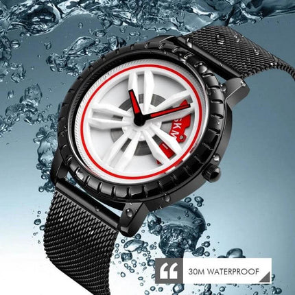 SKMEI Men's Waterproof Quartz Watch for Everyday Style and Comfort showing black mesh strap, white-red dial, and 30M waterproof splash