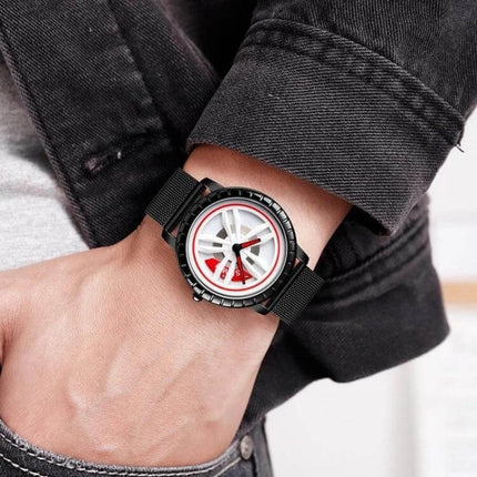 SKMEI Men's Waterproof Quartz Watch for Everyday Style and Comfort on wrist with black mesh band, white-red dial and sporty waterproof design