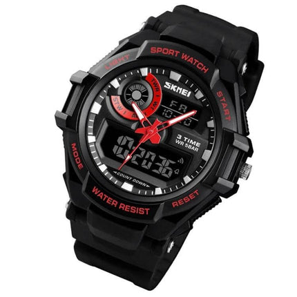 SKMEI Men's Waterproof Sports Digital Watch for Everyday Use - black rugged digital-analog sports watch with PU strap and 50m water resistance