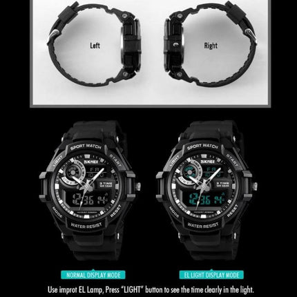SKMEI Men's Waterproof Sports Digital Watch for Everyday Use black dual-display view with PU strap and 50m water resistance