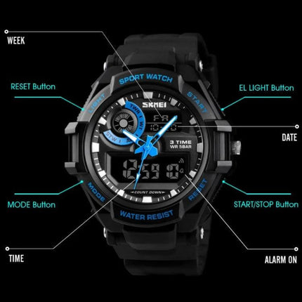SKMEI Men's Waterproof Sports Digital Watch for Everyday Use – black sports digital watch with blue accents, PU strap, water resistant up to 50m, labeled buttons