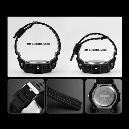 SKMEI Men's Waterproof Sports Digital Watch for Everyday Use showing adjustable PU strap ranges (max 230mm, min 155mm) and resin mirror back view
