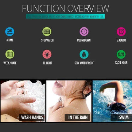 SKMEI Men's Waterproof Sports Digital Watch for Everyday Use - function overview icons (stopwatch, countdown, 50M waterproof) and wash hands, in the rain, swim