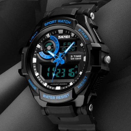 SKMEI Men's Waterproof Sports Digital Watch for Everyday Use black blue digital analog display with PU strap and 50m water resistance