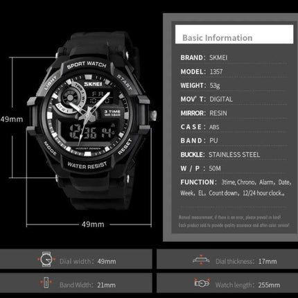SKMEI Men's Waterproof Sports Digital Watch for Everyday Use - black rugged 50M water-resistant digital sports watch with PU strap and resin mirror
