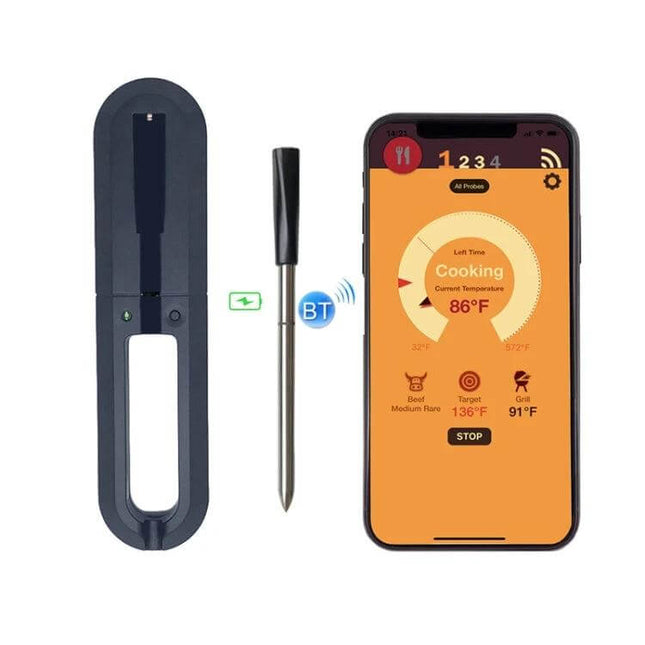 Wireless Bluetooth BBQ Probe Thermometer For Grilling With App stainless steel probe with dock and phone app showing cooking temp