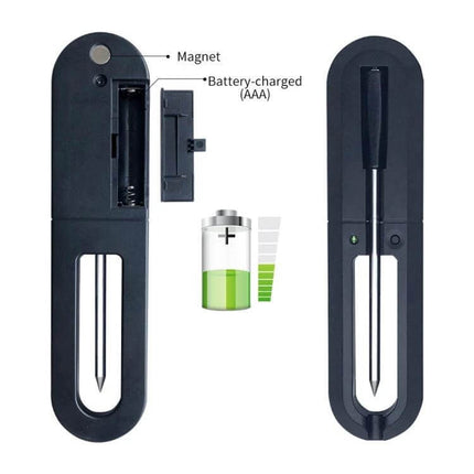 Wireless Bluetooth BBQ Probe Thermometer For Grilling With App showing stainless steel probe, AAA battery compartment, magnet and compact housing