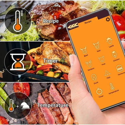Wireless Bluetooth BBQ Probe Thermometer For Grilling With App showing mobile app, multiple probes, timer and temperature monitoring over grilled meats