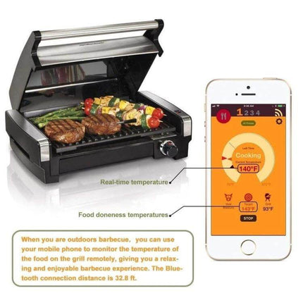Wireless Bluetooth BBQ Probe Thermometer For Grilling With App monitoring steaks and vegetables on a grill with phone app display