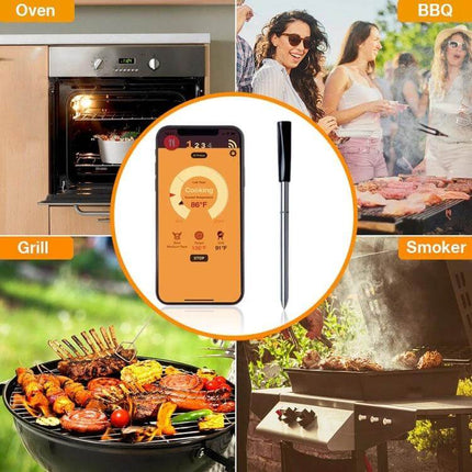 Wireless Bluetooth BBQ Probe Thermometer For Grilling With App showing stainless steel probe and mobile app monitoring for oven, grill, smoker