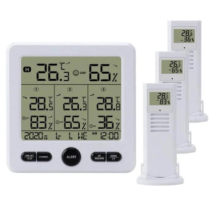 Wireless Thermometer And Hygrometer With Color Alarm showing indoor host unit and three outdoor sensors with color alert display