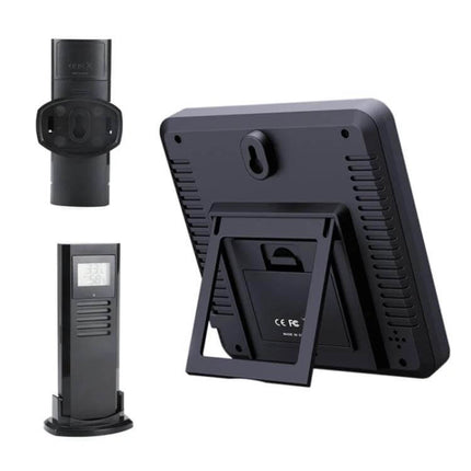 Wireless Thermometer And Hygrometer With Color Alarm showing indoor host unit back and outdoor sensor set with stand and wall mount
