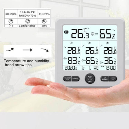 Wireless Thermometer And Hygrometer With Color Alarm showing indoor-outdoor temperature humidity display and color alert on palm