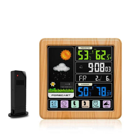 Wireless Weather Clock With Wood Grain Finish For Home Use — compact indoor weather station showing temp, humidity, forecast and time