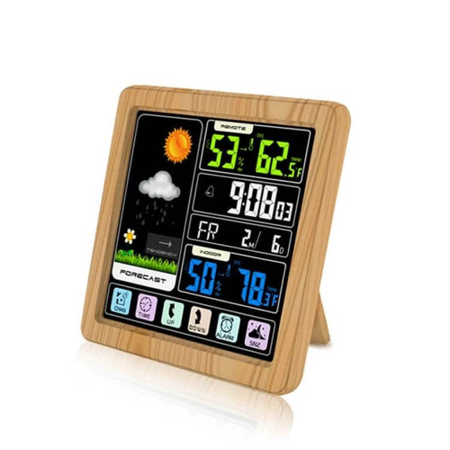 Wireless Weather Clock With Wood Grain Finish For Home Use - digital indoor temperature humidity forecast clock with wood grain frame