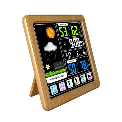 Wireless Weather Clock With Wood Grain Finish For Home Use - compact wood-grain digital weather station showing forecast, indoor temp, humidity, and time