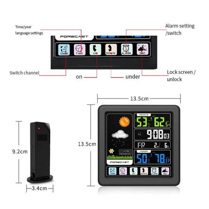 Wireless Weather Clock With Wood Grain Finish For Home Use - compact digital indoor weather station showing temp, humidity, forecast and controls