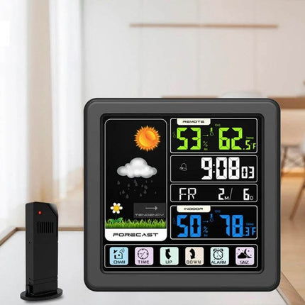 Wireless Weather Clock With Wood Grain Finish For Home Use — digital forecast clock showing time, indoor/outdoor temp and humidity on wood-style casing