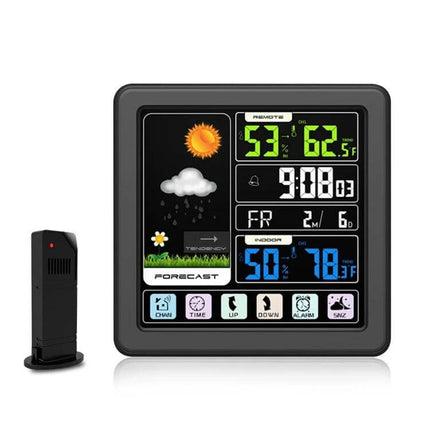 Wireless Weather Clock With Wood Grain Finish For Home Use - compact battery/DC weather station showing forecast, indoor temp/humidity and time