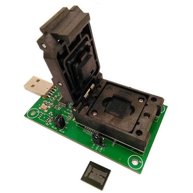 High-Frequency IC Test Socket for USB Programming Applications with open clamshell socket on USB PCB and EMCP221 chip ready for testing