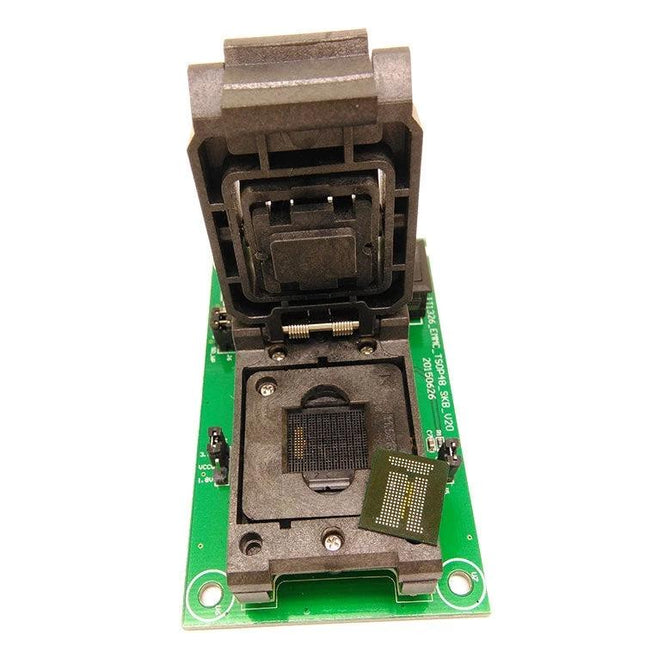 High-Frequency IC Test Socket for USB Programming Applications - open IC programming socket on green PCB with EMCP221 chip ready for USB testing