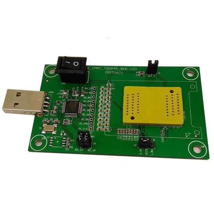 High-Frequency IC Test Socket for USB Programming Applications on green PCB with USB plug and yellow socket for EMCP221 chip